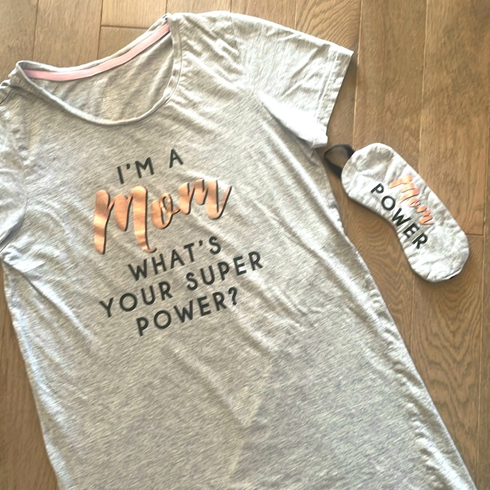 MOM POWER 🌟 Gray T-Shirt Nightie & Sleep Eye Mask Set • Size Small